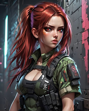 Best masterpiece, highest quality, highest resolution, female soldier, sniper, camouflage uniform, outstanding style, outstanding proportions,long hair, red hair, shining eyes,Beautiful skin, 25 years old, cute woman,short sleeve,cyberpunk background,my back is against the wall,Look like a fashion model