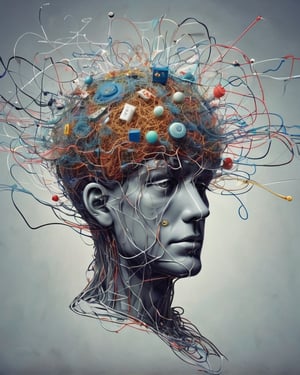 In a head,It's a mess,Abstract,infinite knowledge,cell,electoronic signals