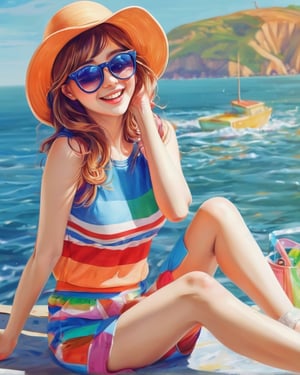 Best masterpiece, highest quality, girls drawing,colorful shades,hats, fashion, fashion magazines,sea, sun,laugh a little,Innocent, full body shot,glasses