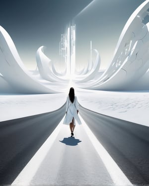  roads, future, masterpieces, highest quality,artistically, abstractly, life,pure white world,A woman walking along the road,The road to success, a bright future,Matrix world view