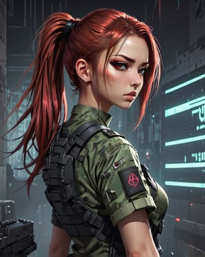 Best masterpiece, highest quality, highest resolution, female soldier, sniper, camouflage uniform, outstanding style, outstanding proportions,long hair, red hair, shining eyes,Beautiful skin, 25 years old, cute woman,ponytail,short sleeve,cyberpunk background,my back is against the wall