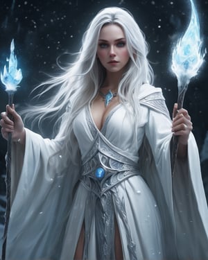 A masterpiece, the highest quality, a woman, a wizard, ice magic, white robes, a cool staff, long hair,