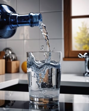 Masterpiece, highest quality, moment of overflowing water,glass of water,The background is the kitchen