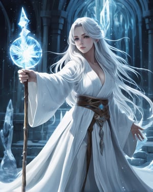 Best masterpiece, highest quality, one woman, wizard, ice magic, white robe, cool staff, long hair, anime style.