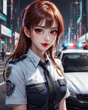 Best masterpiece, highest quality, highest resolution, female, outstanding proportions,long hair, red hair, ponytail,shining eyes,Beautiful skin, 25 years old, cute woman,Look like a fashion model,red eyes,futuristic,soft smile,lipstick,spotlight,Police officer, uniform, police car in the background,Photograph the whole body,Take a picture of the whole body by pulling,long legs, skirt,Like a photograph,live-action,A face that looks like a photo, a face that looks like a real photo