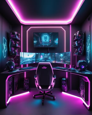 Masterpiece, highest quality,world's best gaming pc,futuristic,cyberpunk gaming room,women's room