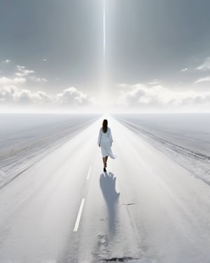  roads, future, masterpieces, highest quality,artistically, abstractly, life,pure white world,A woman walking along the road,The road to success, a bright future