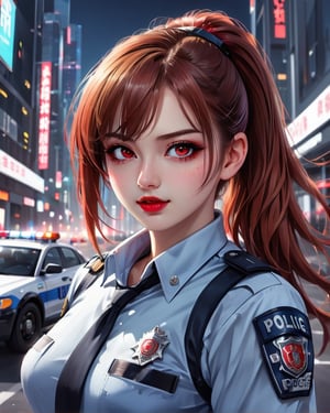 Best masterpiece, highest quality, highest resolution, female, outstanding proportions,long hair, red hair, ponytail,shining eyes,Beautiful skin, 25 years old, cute woman,Look like a fashion model,red eyes,futuristic,soft smile,lipstick,spotlight,Police officer, uniform, police car in the background,Photograph the whole body,