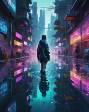 masterpiece，artistically，water surface，The scenery is reflected on the beautiful water surface like a mirror.
near future，The landscape of a futuristic city is reflected on the water surface,photorealistic depiction,Cyberpunk world,Scenery colored by neon,I also draw one cyberpunk person.,The person is wet with water droplets,Draw realistically down to each drop of water