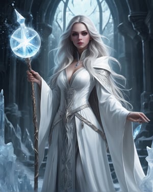 A masterpiece, the highest quality, a woman, a wizard, ice magic, white robes, a cool staff, long hair,