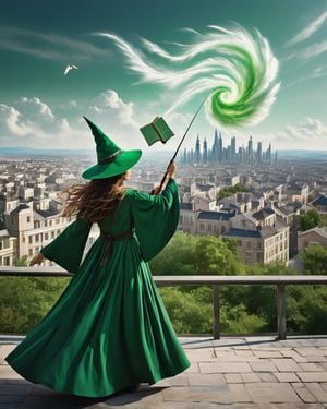 Best masterpiece, highest quality, highest resolution, wizard of the wind, controlling the wind, one woman, shooting in the city, cool magic,use books,green wind magic