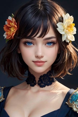 portrait,woman, flower dress, colorful, darl background,flower armor, good anatomy, best quality, (((masterpiece))), high quality, realist, best detailed, details, realist skin, skin detailed, ,art ,lucyli,Young beauty spirit  dark blue eyes Smile Two-dimensional bangs