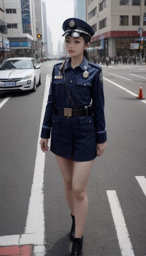 Masterpiece, Best Quality, Very Detailed, 8k, A Chinese female police officer directs traffic on the street