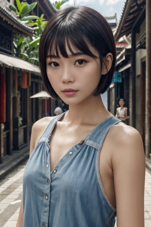 1girl, Chinese Bali street,cityscape, upper body,close-up, 8k, RAW photo, best quality, masterpiece,realistic, photo-realistic,, Short hair, blunt bangs