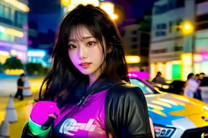 A beautiful girl stands next to a car wearing a black sexy outfit
bright light, clear facial expression, bomi