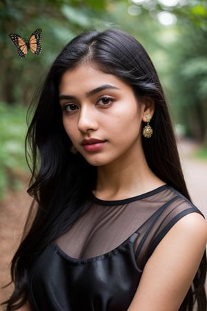 beautiful cute young attractive indian teenage girl, village girl, 18 years old, cute,  
Instagram model, long black_hair, colorful hair, warm, dacing,
her skin is fair,stylish black hair, ultra realistic face, 
curvy body,beautiful face, 16k, FHD, raw photo, 
pretty face mesh, detailed face, detailed eyes, detailed lips, 
She wear a black silk dress. Flowers and butterflies everywhere. 8k. Hyperdeytails. Blue eyes, pink lips, pure soft skin. High depth of field,
random background,random pose,
red lipstic,
pretty face mesh, 
wedding photography, body parts front view,
concept art, looking at camera, full body in frame, 
masterpiece
