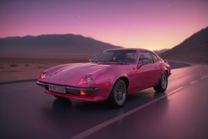 low angled shot with 40mm wide angle lens, shot from ground, 1980s, retro car drive with sunset, retro neon highway, retro cinematic style, minimalist, starry reflective road, high depth in field, octane render, 3d render, high quality, ultrafine, neon sparkles, 32k ultra hd, background blur,APEX SUPER CARS XL 