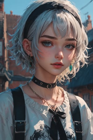 score_9, score_8_up, score_7_up,emo,scenery,masterpiece, best quality, aesthetic ,1girl, beautiful person, white hair,  upper body, choker,  black hairband, earing piercing, casual fashion