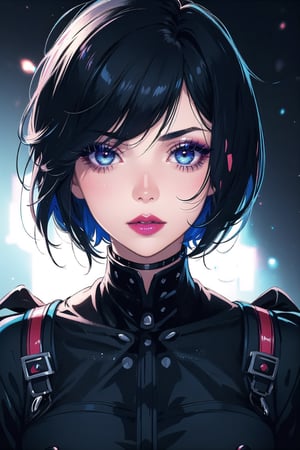 1girl, solo, looking at viewer, short hair, blue light , black hair, hair between eyes, eyelashes, makeup, lipstick, portrait, close-up