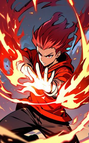 confident 18-year-old boy with fiery red hair, red hoodie, detailed painting of fighting posture (fire magic), and fire shooting out of his hands, mechpp
