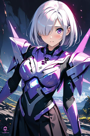 (A girl, white and purple futuristic bionic armor, bob cut, hair over one eye, shy, skirt , white hair, purple glow, blackberry symbol ), art by atey ghailan, painterly anime style at pixiv, art by kantoku, in art style of redjuice/necömi/rella/tiv pixiv collab, your name anime art style, masterpiece digital painting, exquisite lighting and composition, inspired by wlop art style, 8k, sharp, very detailed, high resolution, illustration, (anime art:0.1)