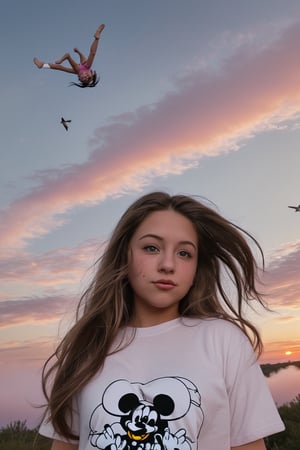 close p of a young woman in her twenties that is a bit chubby (weights about 82 kilos). The girl has brown hair. Its roots are straight but the rest of the hair is wavy. The girls eyes are hazel and she has a vert small mole next to her nose on the right side. She is wearing a simple white T shirt with a Mickey Mouse shorts (pajama). She has a pink nail polish. The girl is flying above the clouds while there is a sunset. All of the background is colored neon. Next to her there is birds and the wind is going through her hair,photorealistic