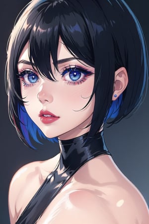 1girl, solo, looking at viewer, short hair, blue eyes, black hair, hair between eyes, eyelashes, makeup, lipstick, portrait, close-up