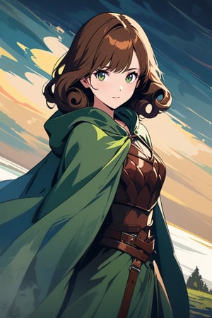 digital art drawing, illustration of (A young Caucasian woman with curly redish brown hair, dark green eyes, is wearing a green hooded cloak. She is wearing medieval leather armor. She is wearing black peice of cloth that covers most of her face, leaving her eyes visible.), anime drawing/art, bold linework, illustration, cel shaded, painterly style, digital art, masterpiece, (anime art:0.1)