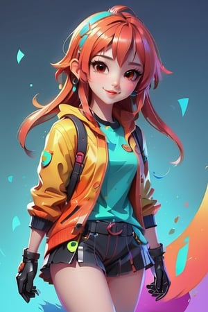 A quirky and playful take on a girl [random pose] and [random outfit] character, vibrant colors, cartoonish features, glossy finish, vertical orientation,