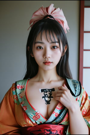 close up,Photographic, cute Japanese woman wearing a flowing traditional dress and having a tattoo on her chest., 