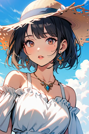 1girl, solo, looking at viewer, short hair, black hair, hat, dress, brown eyes, jewelry, upper body, earrings, outdoors, parted lips, sky, day, necklace, white dress, mole, blue sky, lips, mole under eye, sun hat, straw hat