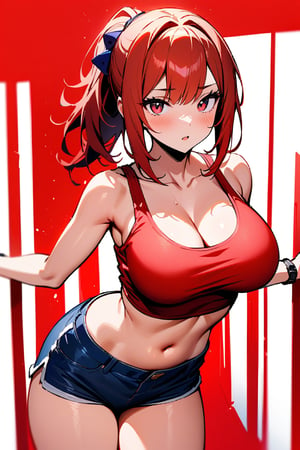 masterpiece,highres,best qualtiy,1girl,shirt, midriff,navel,hair ornament,looking at viewer,crop top,collarbone,shorts, ponytail,large breasts,cowboy shot,blue shorts,bangs,short shorts,red theme,