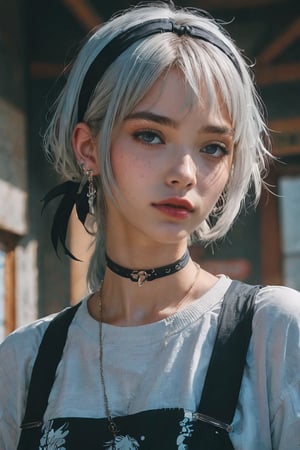score_9, score_8_up, score_7_up,emo,scenery,masterpiece, best quality, aesthetic ,1girl, beautiful person, white hair,  upper body, choker,  black hairband, earing piercing, casual fashion