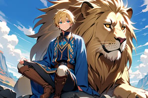 1 boy,sky,outdoor,sitting on shoulders,animal,sky,big lion,blonde hair,clouds,pants,male focus,blue sky,blue eyes,short hair,brown boots,blonde hair,yellow eyes,long sleeves,blue ethnic robe,rock,
