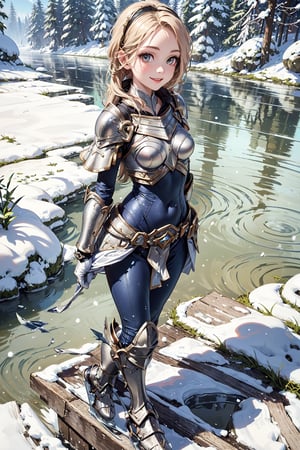 
very good quality image, high resolution, best quality image, with a state-of-the-art image, 1girl, lux from league of legends, full body, only, armor, breastplate, jumpsuit, gloves, white gloves, (flat breasts: 1.2),arm behind back, outdoors,frozen river,snow,smiling,ice skating, looking at viewer