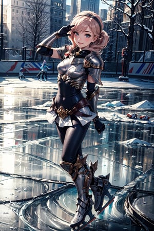 very good quality image, high resolution, best quality image, with a state-of-the-art image, 1girl, lux from league of legends, full body, only, armor, breastplate, jumpsuit, gloves, white gloves, (flat breasts: 1.2),arm behind back, outdoors,(frozen river),skates,((ice skating on ice)),snow,smiling,looking at viewer