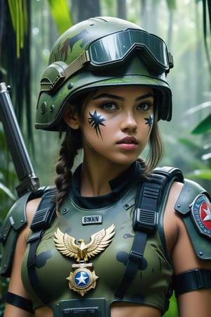 create a hyper-realistic image of a girl from the front with a perfect cyberpunk style, (8K, raw photo, maximum quality, masterpiece: 1.2),((create a hyper-realistic image of a cute girl upper body wearing a military badge and his face is painted with combat paint in the middle of a jungle densely populated with trees)), (combat helmet), (night vision goggles), (they allow you to move through that dangerous swampy terrain with too many trees and densely populated in the middle of a dense night),
, in the style of esao andrews