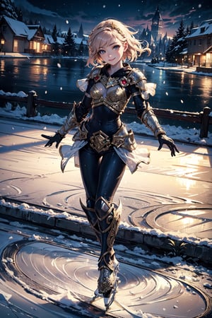 (masterpiece, best quality, high quality, intricate details, beautiful, aesthetic: 1.2), high quality, 8k, raw, ultra details, extremely delicate and beautiful, smile, 1 girl, League of Legends Lux, full body, alone, armor, cuirass, jumpsuit, gloves, white gloves, (flat breasts : 1.2), arm behind, outdoors, night, frozen river, snow, skates, ((ice skating)), looking at viewer