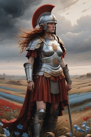 creates a beautiful representation of a warrior girl from medieval times, hyperrealism (8K, raw photography, maximum quality, masterpiece: 1.2), real skin texture,(full body), ((staring at the viewer)),( dull face), (lost look), (wavy red hair), (long hair), (hair movement), ((Roman Centurion helmet with front plume)), red cape, cape movement, warrior armor, (armor full), beautiful gradient and detailed background, (on a day of gray gloom surrounding the entire battlefield), (standing on a large plain of blue flowers stained with blood and destruction on a horrible day of death),
, in the style of esao andrews