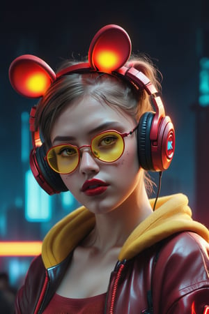 creates a hyper-realistic image of a girl from the front with a perfect cyberpunk style, (8K, raw photo, maximum quality, masterpiece: 1.2), ((upper body)), (normal face), (closed mouth), (deep red lips),(two short pigtails), (wearing red wireless headphones), (yellow heart-shaped glasses), wearing worn-out clothes, (standing on a large music platform), futuristic city with many lights neon, in the middle of a big night, ((next to an old hip hop radio)),
, in the style of esao andrews