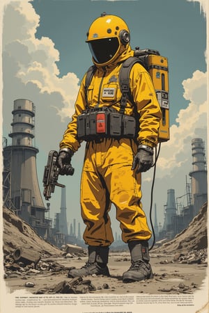 (creates a clipping from an old newspaper 1.3), (large title, Chernobyl Accident:1.3)(Date, April 26, 1986: 1.3), (yellow radiation suit, liquidator 1.2), (a small debris removal robot ), (full body: 1.3), distant view, gray and polluted landscape, destroyed nuclear power plant, death and destruction everywhere, (flares, direct light, two-color lighting: 1.3), (legal notices below: 1.2),
