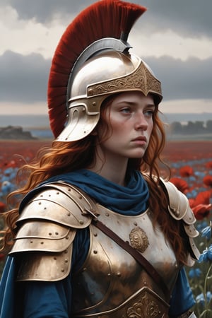 creates a beautiful representation of a warrior girl from medieval times, hyperrealism (8K, raw photography, maximum quality, masterpiece: 1.2), real skin texture, (upper body), (full body), ((looking fixedly at the viewer)), (dull face), (lost look), (wavy red hair), (long hair), (hair movement), ((Roman Centurion Helmet with front plume)), red cape, cape movement , warrior armor, (full armor), beautiful gradient and detailed background, (on a day of gray gloom surrounding the entire battlefield), (standing on a large plain of blue flowers stained with blood and destruction in a horrible day of death),
, in the style of esao andrews