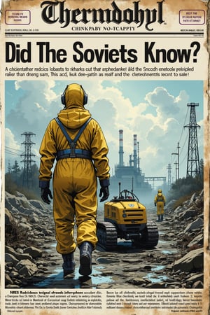 (creates a clipping from an old newspaper 1.3), (large title, Chernobyl Accident April 26, 1986: 1.3), ((medium title, ¿Did the Soviets Know?: 1.3)), (yellow radiation suit, liquidator 1.2 ), (a small caterpillar robot specialized in removing debris), (full body: 1.3), distant view, gray and contaminated landscape, destroyed nuclear power plant, death and destruction everywhere, (flares, direct light, two-color lighting : 1.3), (legal notices below: 1.2),
