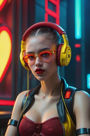 creates a hyper-realistic image of a girl from the front with a perfect cyberpunk style, (8K, raw photo, maximum quality, masterpiece: 1.2), ((upper body)), (normal face), (closed mouth), (deep red lips), (wearing red wireless headphones), (yellow heart-shaped glasses), wearing worn clothes sitting in a big futuristic building with lots of neon lights, in the middle of a big night, (( next to an old hip hop radio)),
, in the style of esao andrews