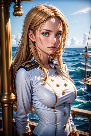 (photorealistic: 1.4), 8k, (masterpiece), best quality, highest quality,(detailed face: 1.5),((closed mouth)),(serious face), original, high resolution, incomparable masterpiece, 8k ultra realistic, perfect work of art, 1 girl, standing, alone, (from the back), (looking over the deck of the ship at the sea), long hair, blonde hair, green eyes, (medium breasts: 1.3), breast-symmetrical, (( white naval officer uniform with many decorations)),
