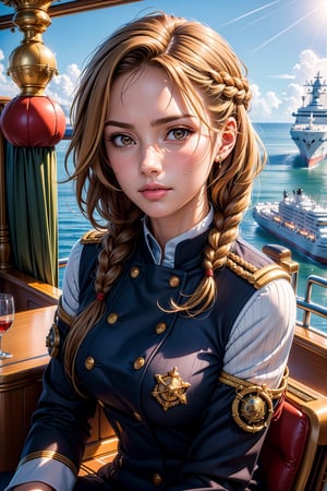 (photorealistic: 1.4), 8k, (masterpiece), best quality, highest quality, (detailed face: 1.5), original, high resolution, incomparable masterpiece, 8k ultra realistic, perfect artwork,1 girl, standing , ((looking at viewer)),((sitting in the ship's captain's chair)),(upper body), alone,((mouth closed)),(normal face),(brown eyes),(hair braided),(long hair),(blond hair),(white naval officer uniform with many decorations),((on the deck of a large ship)),
