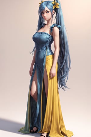 ((very good quality image))((realistic image))((full hd))1girl((Sona lol)), full body, blue eyes, blue hair, long hair, two pigtails, yellow hair at the ends, hair ornaments