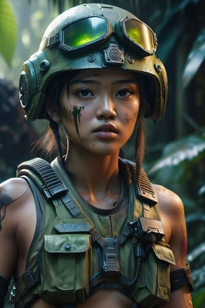 creates a hyper-realistic image of a girl from the front with a perfect cyberpunk style, (8K, raw photo, maximum quality, masterpiece: 1.2), ((upper body)), a girl with Asian features wearing a military badge walking through a dense jungle full of danger and destruction, his face is painted with combat paint, (combat helmet equipped with night vision goggles that allows him to move through that dangerous terrain),
, in the style of esao andrews