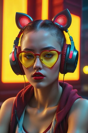 creates a hyper-realistic image of a girl from the front with a perfect cyberpunk style, (8K, raw photo, maximum quality, masterpiece: 1.2), ((upper body)), (normal face), (closed mouth), (deep red lips), (wearing red wireless headphones), (yellow heart-shaped glasses), wearing worn clothes sitting in a big futuristic building with lots of neon lights, in the middle of a big night, (( next to an old hip hop radio)),
, in the style of esao andrews