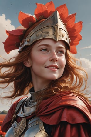 creates a beautiful representation of a warrior girl from medieval times, (upper body), hyperrealism (8K, raw photo, maximum quality, masterpiece: 1.2), real skin texture, ((looking at the sky)), (happy face), (slight smile), (beautiful smile), (wavy red hair), (long hair), (hair movement), ((praetorian helmet)), red cape, cape movement, warrior armor, (full armor), beautiful gradient and detailed background, (walking across a large plain red flowers on a beautiful day),
, in the style of esao andrews